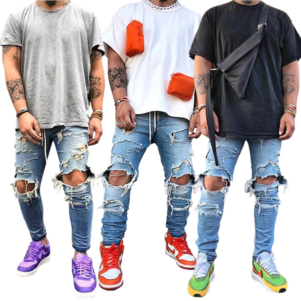 

JX7007 2020 hot sale light blue hole men jeans trousers denim pants