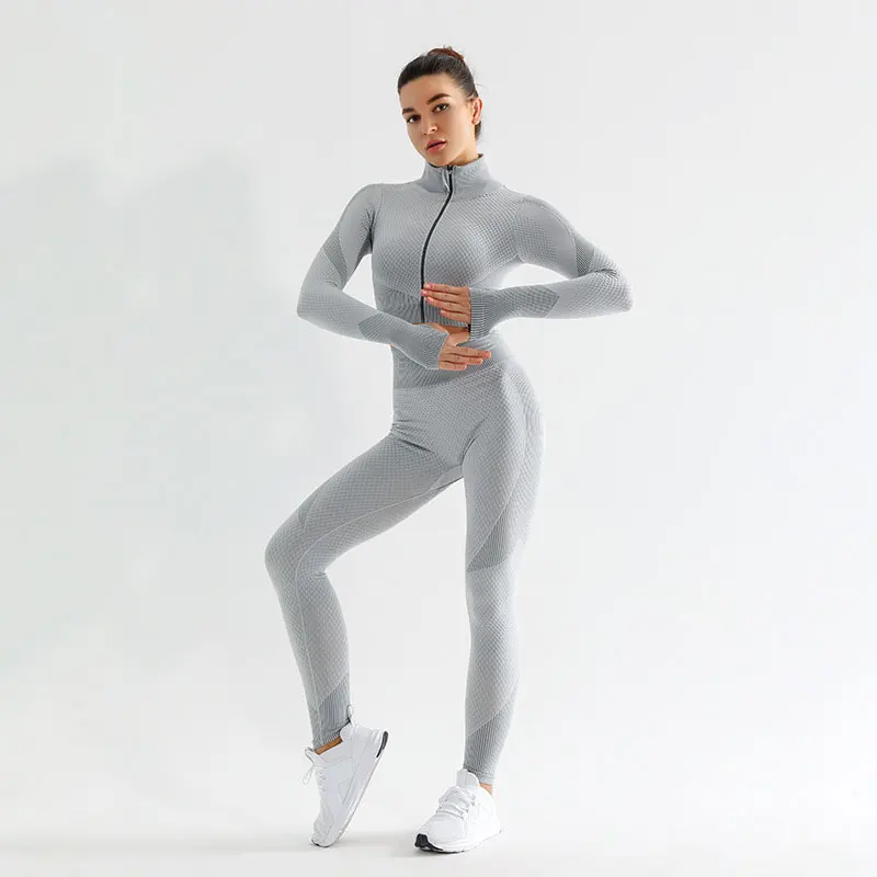

Women Workout Running Sport Tights High Waist Seamless Leggings Three-piece Sportswear Suit, 10 colors, as picture shown