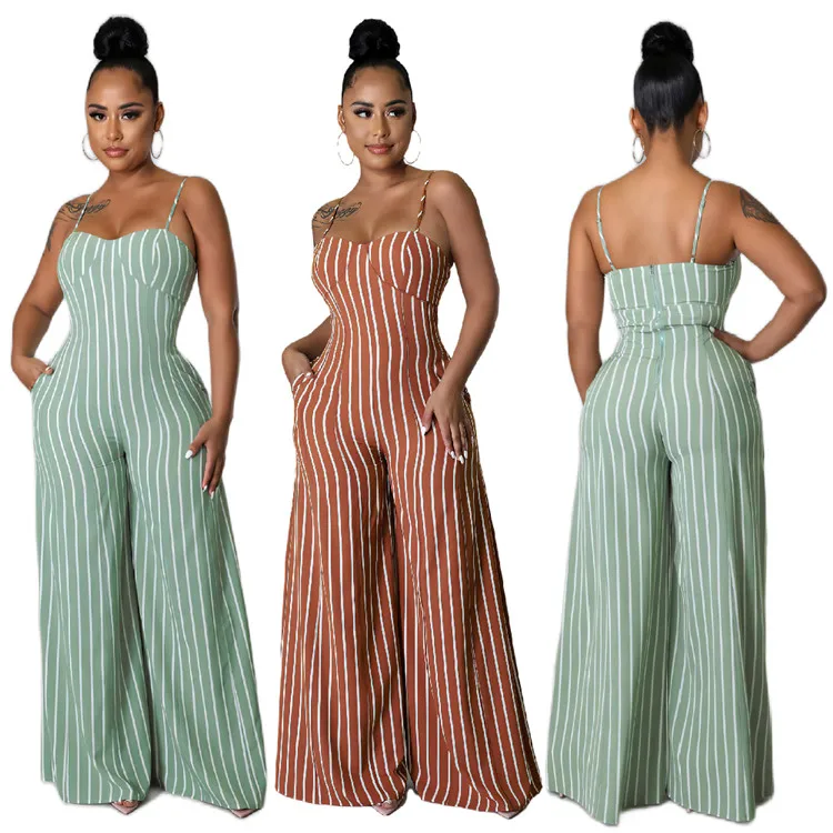 

Popular Ladies Loose Playsuit Suspender Stripe Print Wide Leg Summer Women One Piece Jumpsuits, Picture shown