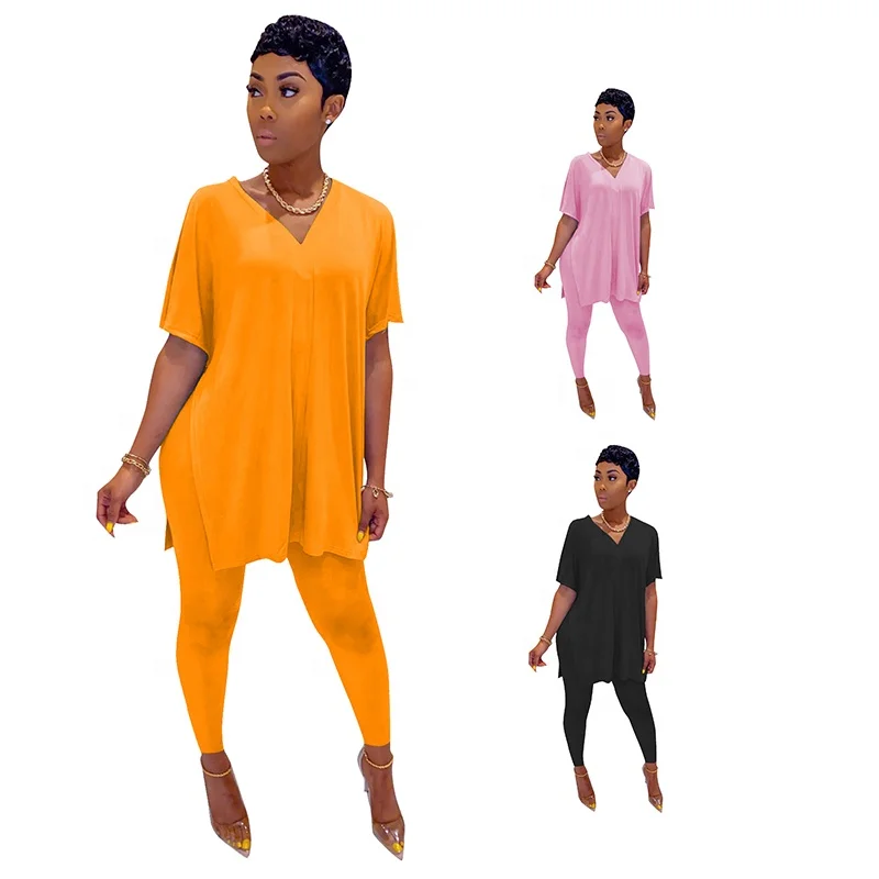 

European and American women's casual suits fashion solid color bat sleeve V-neck loose two-piece suit