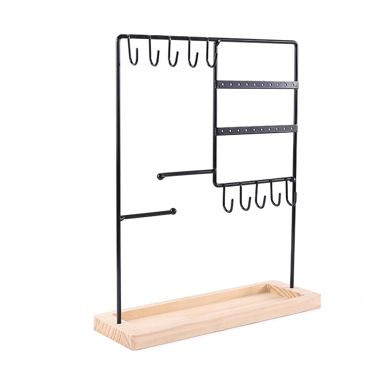 

Jewelry Display Cabinet Jewellery 2-tier 20 Holes 10 Hooks Earring Stand Jewelry Holder Stand Display Metal With Wood Base, Black/white