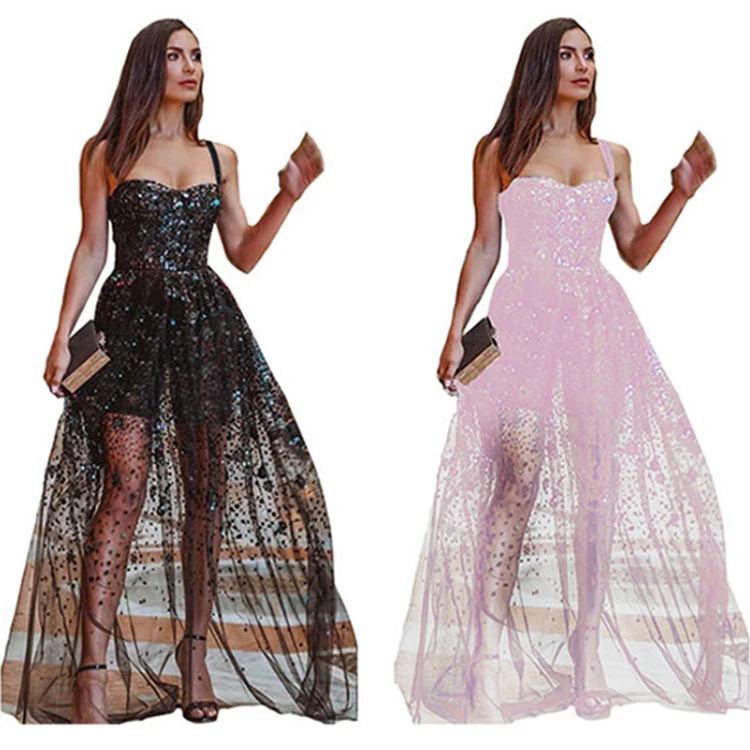 

Vestidos De Noche Con Lentejuelas Ball Gown Sexy Robe De Soiree Transparent Party Prom Sequin Evening Elegant Mesh Casual Dress