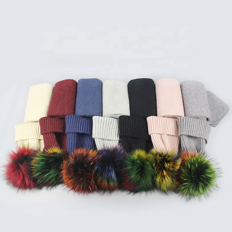 
Popular Superior Quality Fur Pom Pom Hats Knitted Womens Winter Hat And Scarf Set 