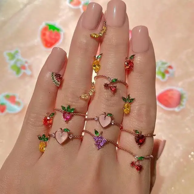 

Personality Cute 9 Styles Gold Plated CZ Cherry Strawberry Finger Rings Women Adjustable Sweet Crystal Rhinestone Fruits Ring, Picture shows