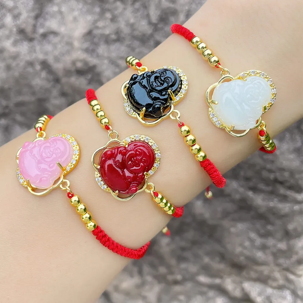 

Chinese Jewelry Lucky Red Rope Laughing Buddha Bracelet Women Handmade Braided Colorful Jade Buddha Bracelets Bracelete Buda