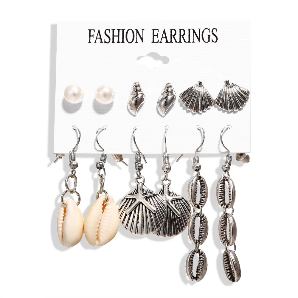 

Wholesale Ocean Style Silver Plated Sea Snail Ear Stud Women Girls Natural Metal Long Shell Pendant Earring Set Jewelry, Color plated as shown