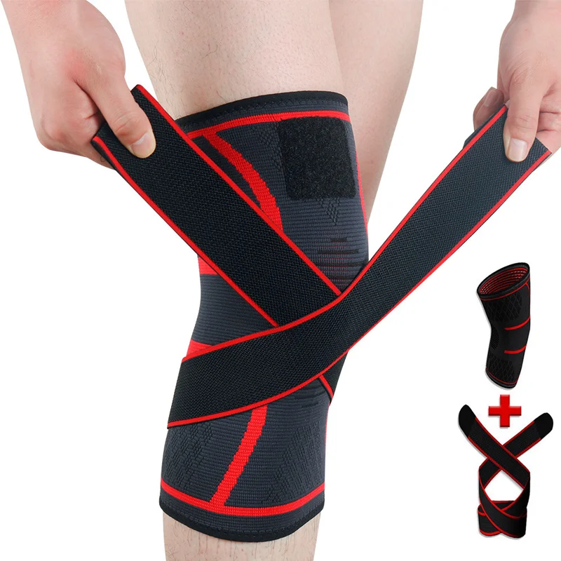 

2021 New Arrivals 3D Knitted Elastic Nylon knee support Sleeve Compression Sports Knee Brace with belt, Black, red