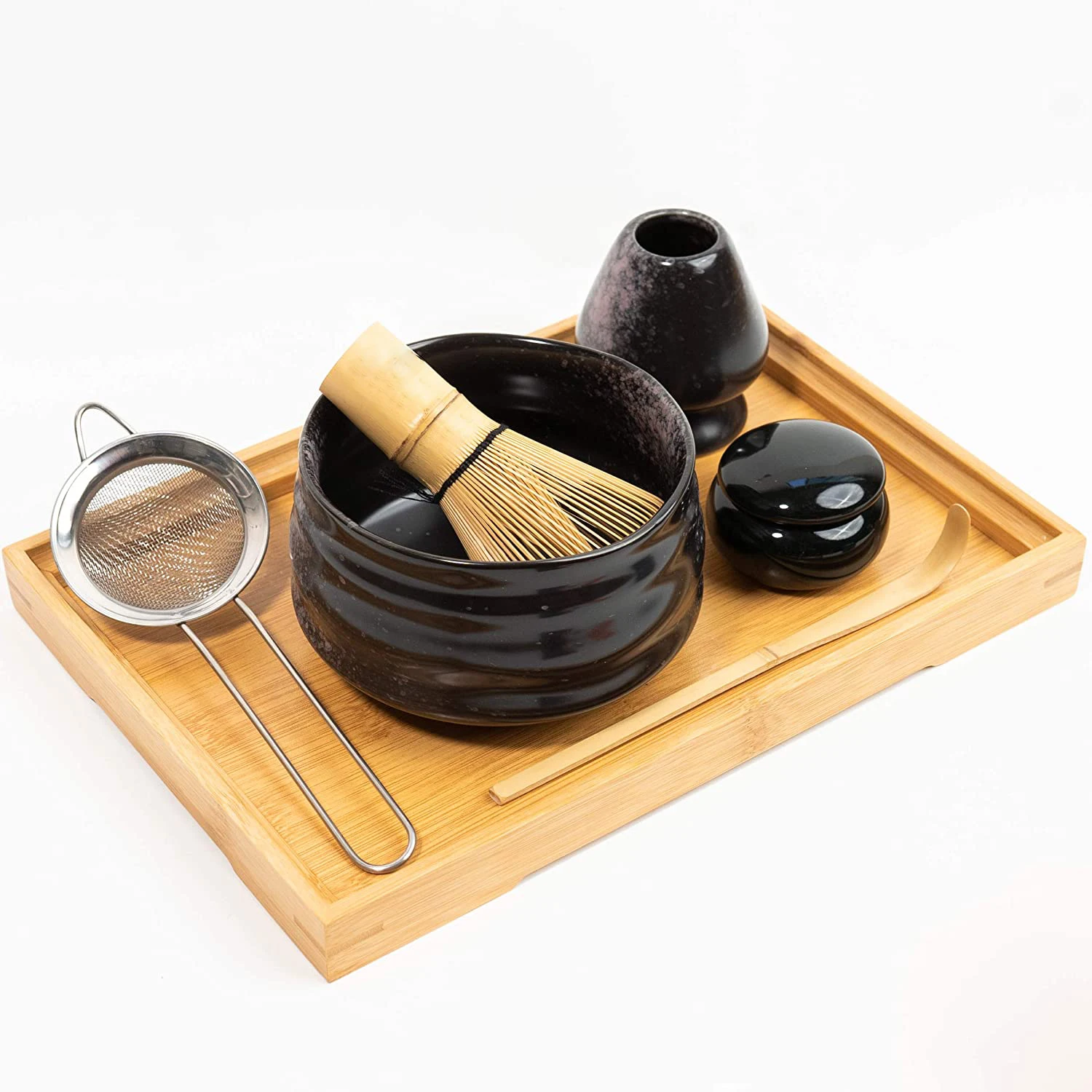 

Tiitee Wholesale Matcha Bowl Set Hand made Ceramic Glazed Black Chawan Japanese Tea Cup, Multiple