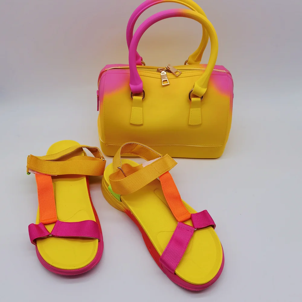 

summer colorful sandal jelly tote handbags latest design woman bag and shoe set, Customizable