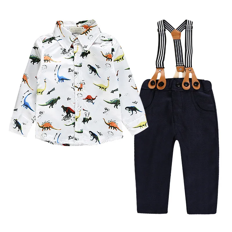 

Beautifully patterned boy's dinosaur shirt with straps and trousers casual gentleman's two piece boy's suit