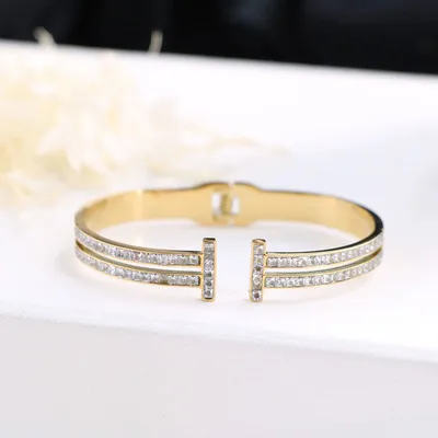 

Famous branded inspired designer bangle bracelet double layers T stainless steel bangle for women gold plated jewelry