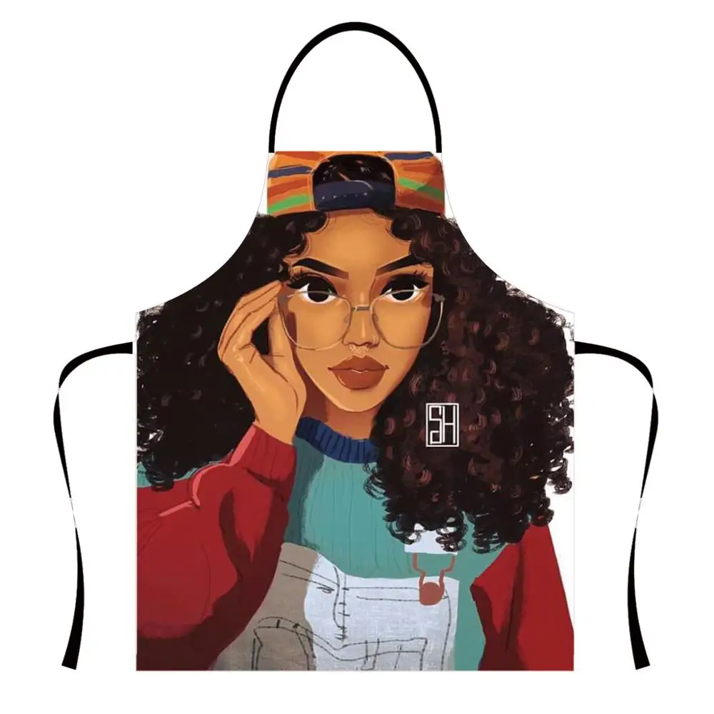 

Hot Sale Design Printing Apron Women Chef Uniform Kitchen Apron Restaurant Accessories Waterproof Adjustable Aprons Black Girl, Customized