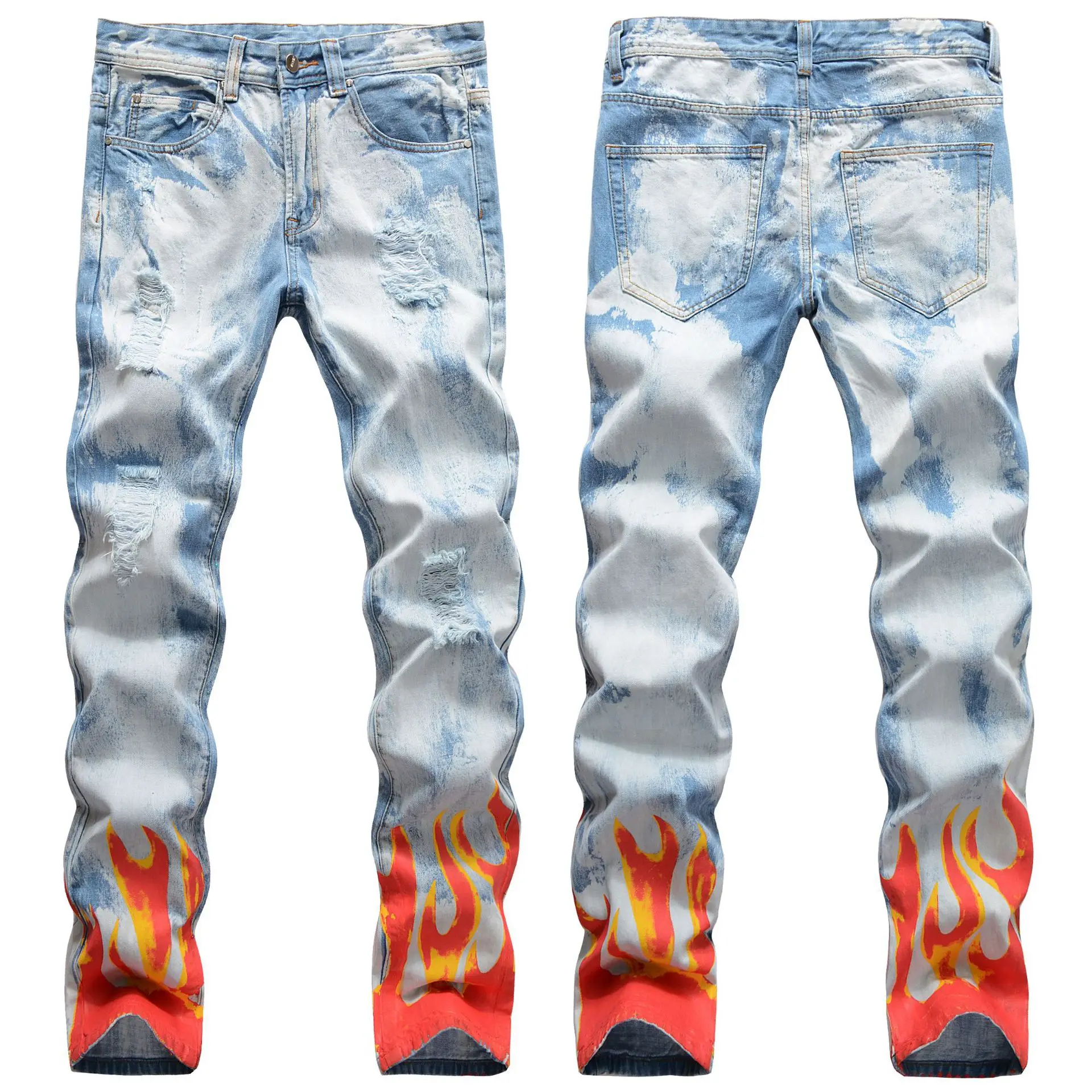 

2021 Plus Size Ripped Holes Flame Digital Graffiti Print Jeans Hip-Hop Slim Vaquero Stright Pants Calca Mens Demin Jeans, Light blue