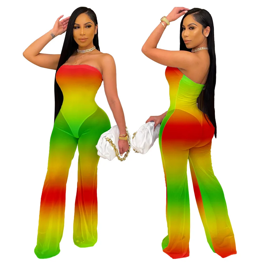 

2021 Women's Summer New Style Perspective Color Tube Top Sexy Backless Jumpsuit Loose Printed Jumpsuits