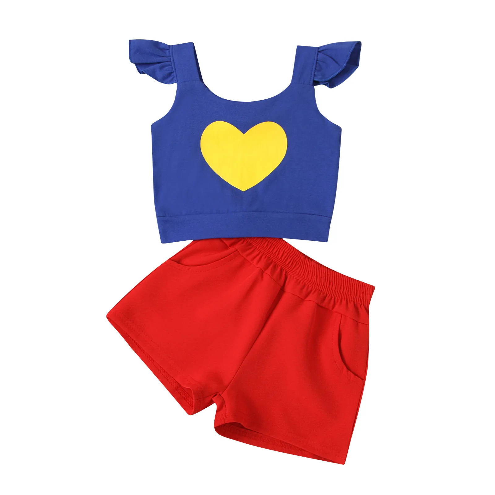 

4111 Kid Toddler Baby Girls Clothing Set Sleeveless Heart Print Suspender Tank Tops+Shorts 2Pcs Outfits Casual Children Clothes, As picture
