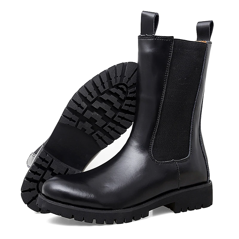 

natural leather winter boots high top british retro knight boots mid length dr martens men boots, Black or customized color