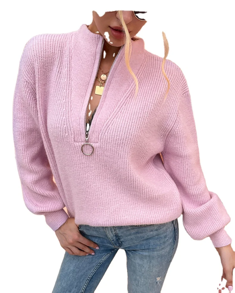 

New European and American V-neck knit sweaters for autumn and winter 2021 Amazon zipper lantern sleeve sweaters