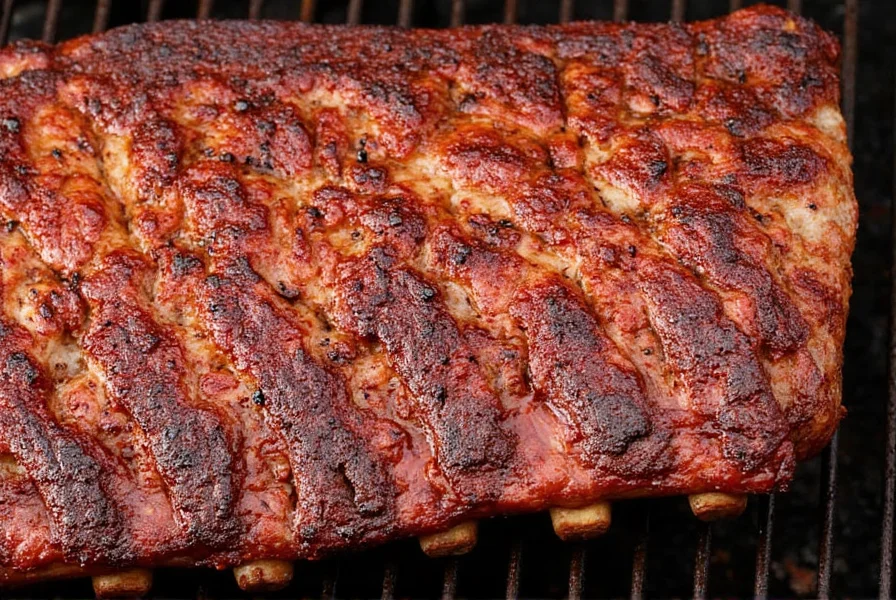 Platter of perfectly cooked pork ribs bone in with barbecue sauce and side dishes