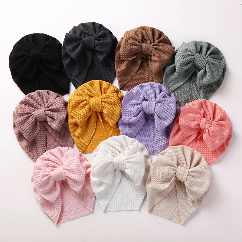 

Ins hot sale 0-3 years baby beanie hat with big bow solid color infant baby turban hat with bowknot