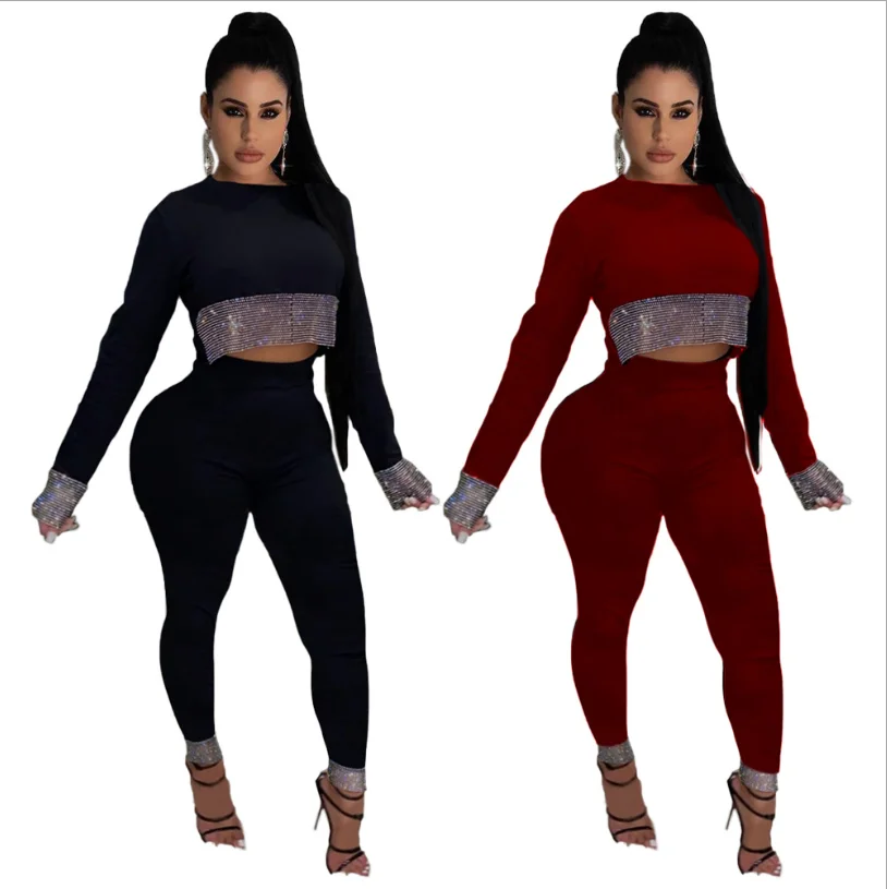 

ORCY8061 2021 Hot drill solid color long sleeve womens luxury casual two piece pants sets, As pic