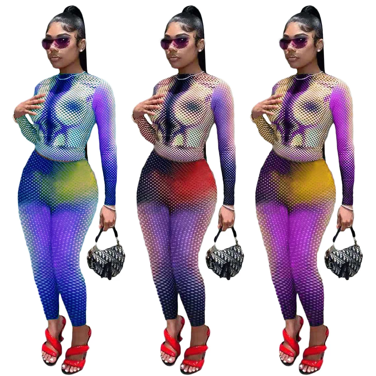

OUDINA Street Style Printing Hip-fitting Tight-fitting Sports Leggings Set Ladies Pants And Top Two Piece Fall Sets, Blue/purple/orange