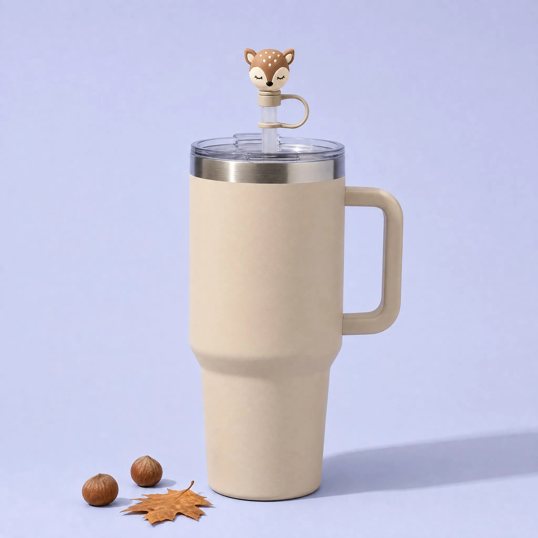Baby Deer Straw Cover on Oatmeal Cream Stanley Tumbler