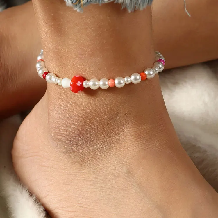 

SC 2022 New Design Pearl Anklets Women Chic Handmade Beaded Anklets Bracelets Lovely Acrylic Red Mushroom Anklets for Teen Girls