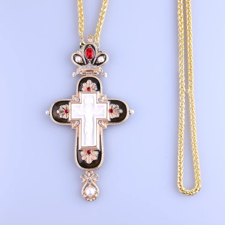 

Hot Selling Greek Necklace Gold plated Black Enamel Big Alloy Chain Pectoral Cross for Orthodox Souvenir