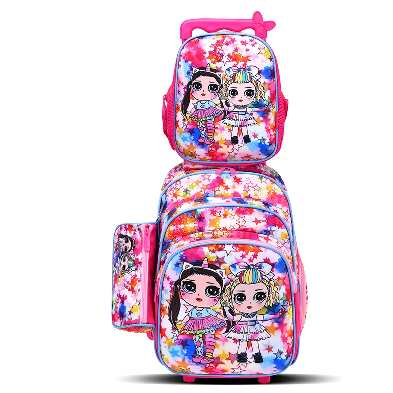 

factory fashion original cartoon character design 16 inch trolley school bag set with lunch box and pencil case, 15colors