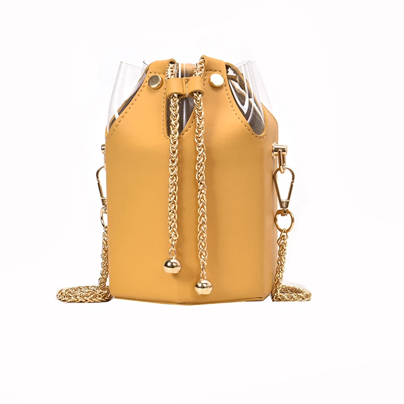 

2021 Wholesale Cute Splice Pu Chain Purse Crossbody Women Luxury Bucket Bag Handbags With Drawstring, 4 colors