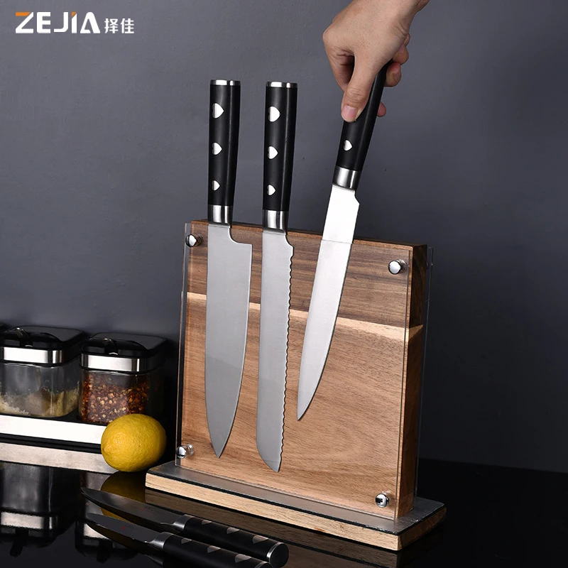 

Solid wood double-sided magnet knife block with powerful magnetic for knives storage