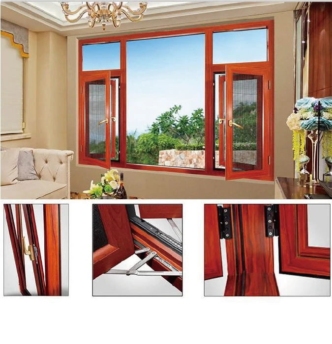Topwindow High Quality Wooden Color German Brand Hardware Thermal Break Aluminum Casement Window Door Double Glazed Windows