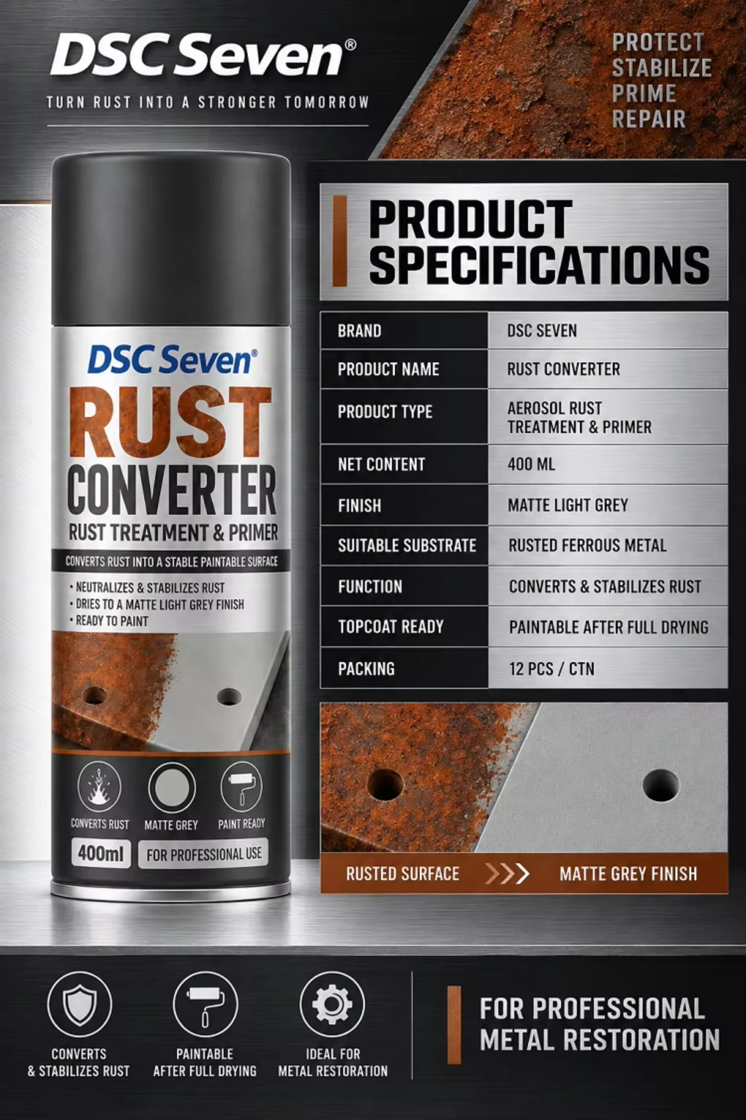 400ml Acrylic Aerosol Rust Converter Spray Paint for Rust Treatment and Steel Metal Restoration