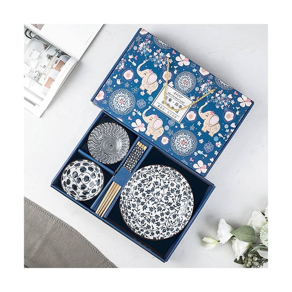 

5-piece ceramic tableware blue gift Japanese 2 pieces bowl 2 pairs of chopsticks 1 plate set with exquisite gift box High Temper