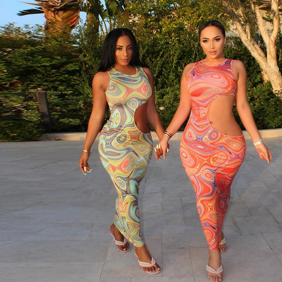 

Kliou K21D02139 Printed See Through Hollow Out O-Neck Dress Summer Maxi Dresses Women