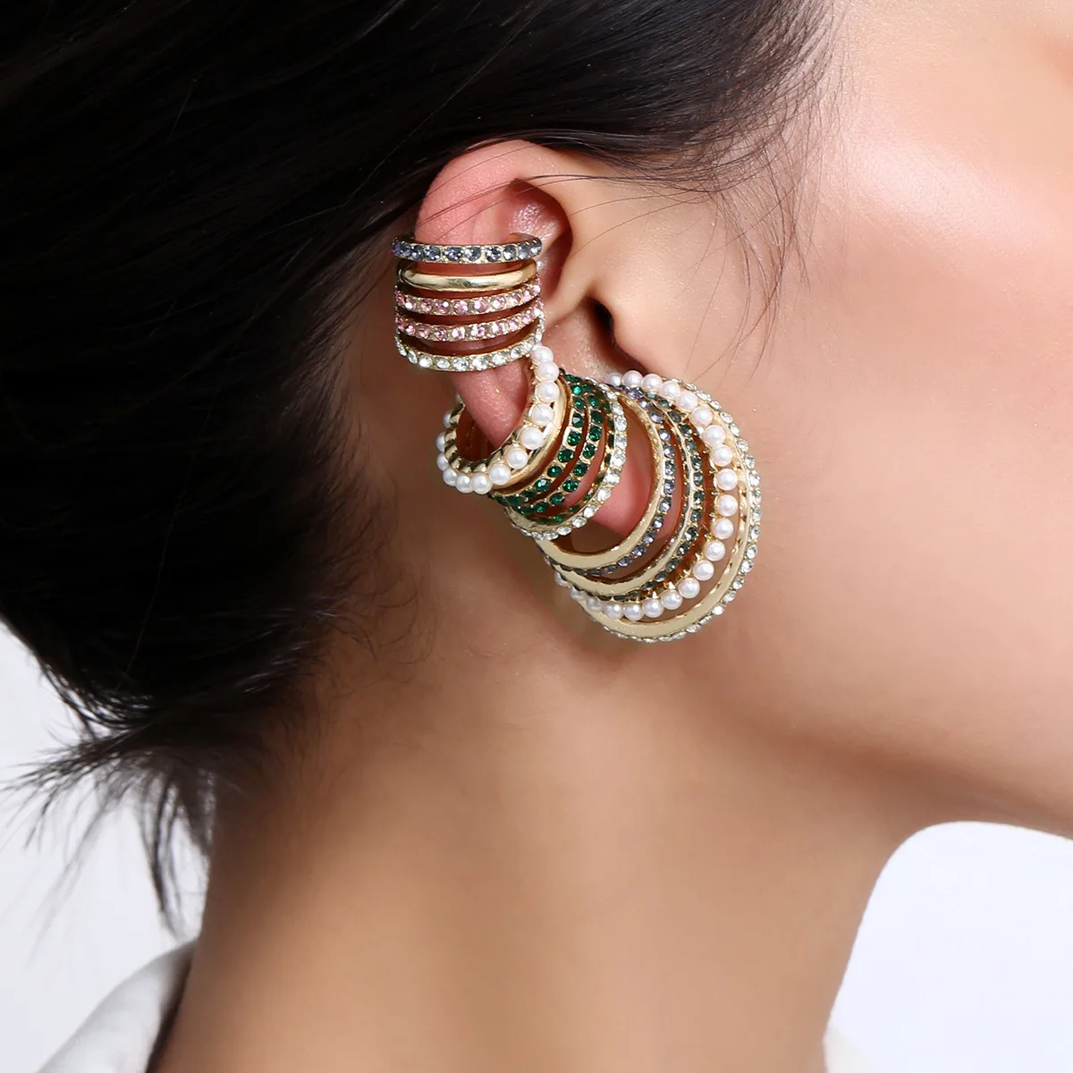 

Best Selling Luxury Gold Non Piercing Multi Layer Circle Cuff Earrings Set 3Pcs Full Paved Crystal C Shaped Clip Earrings