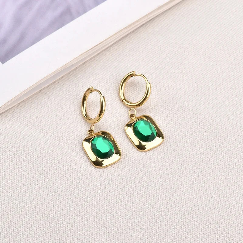 

Statement Jewelry Vintage Stainless Steel 18k Gold Square Green Diamond Drop Shining Gemstone Huggie Hoop Earring
