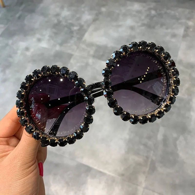 

High quality round PC lens UV400 anti-radiation sunglasses with diamonds