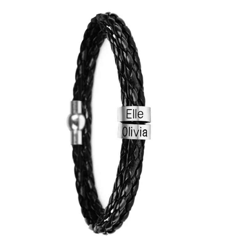 

Personalized Mens Braid Leather Bracelet Custom Beads Bracelet, Silver