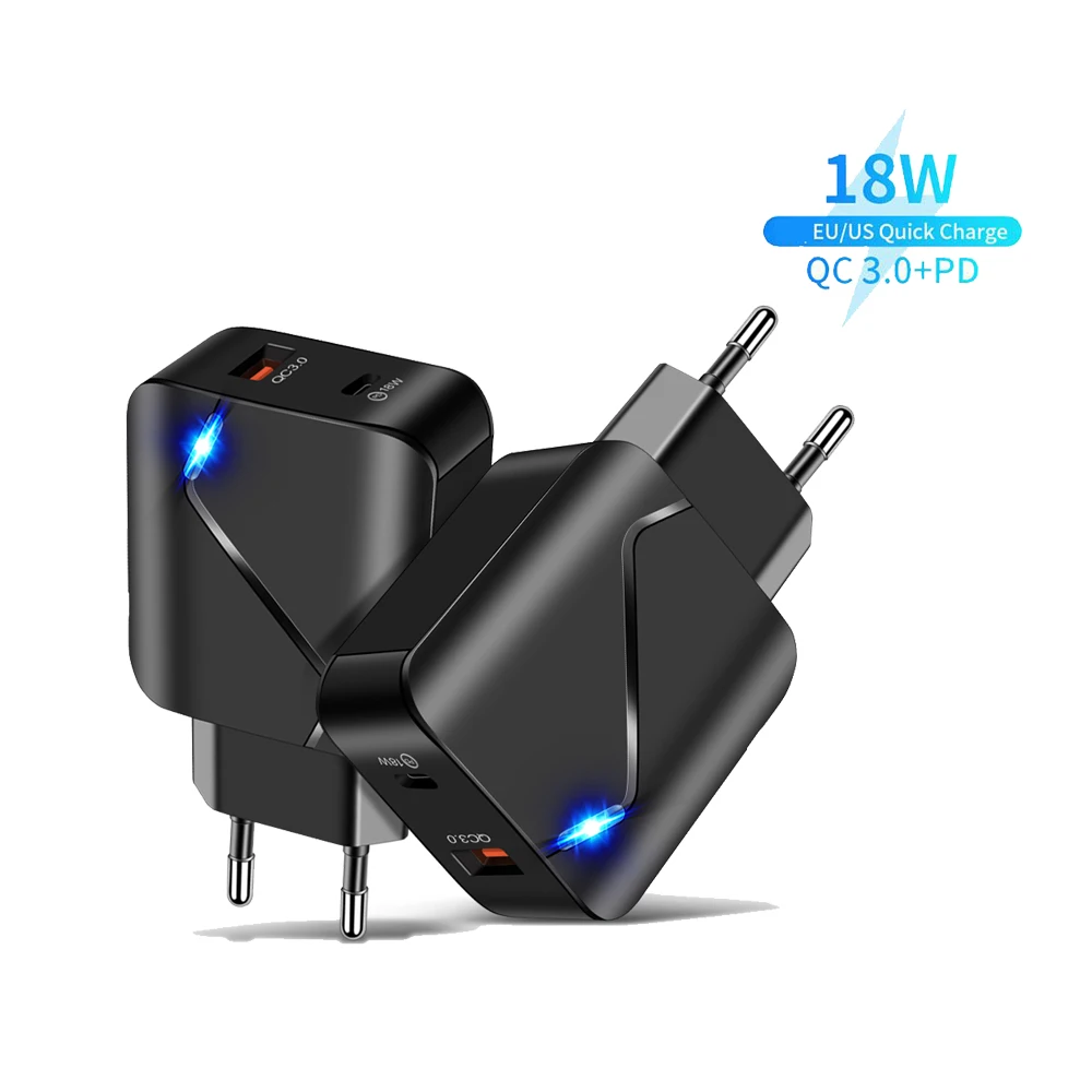 

Free Shipping 1 Sample OK Cell Mobile Phone Charger 18W Usb C Pd Charger EU US Plug Dual Ports Usb Wall Charger