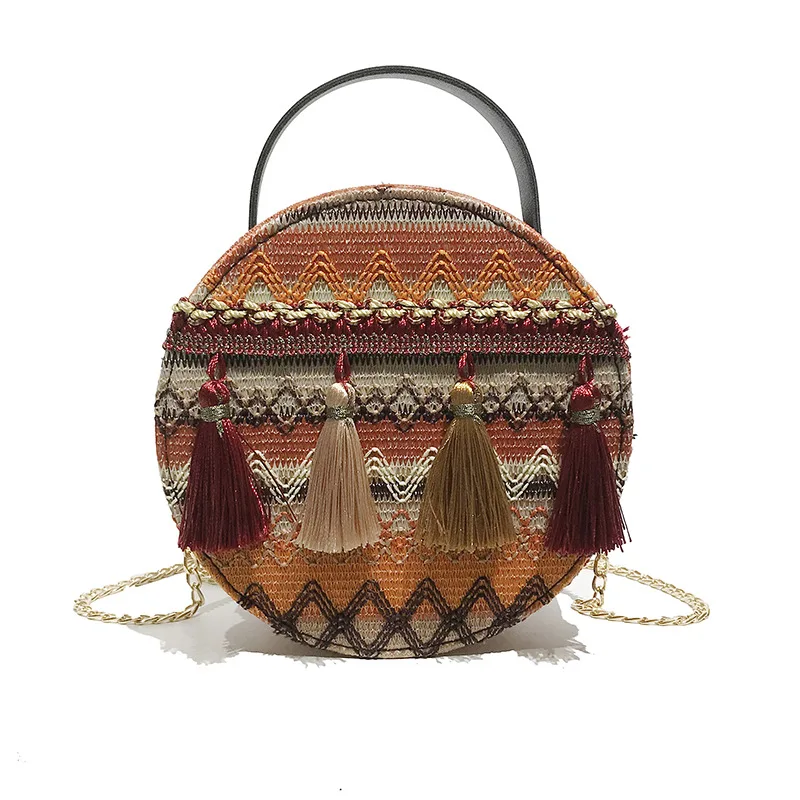 

Casual Hand Boho Shoulder Bag Ethnic Straw Bags Women Handbag Retro Beach Tassel Woven Bucket Bag, Customized color