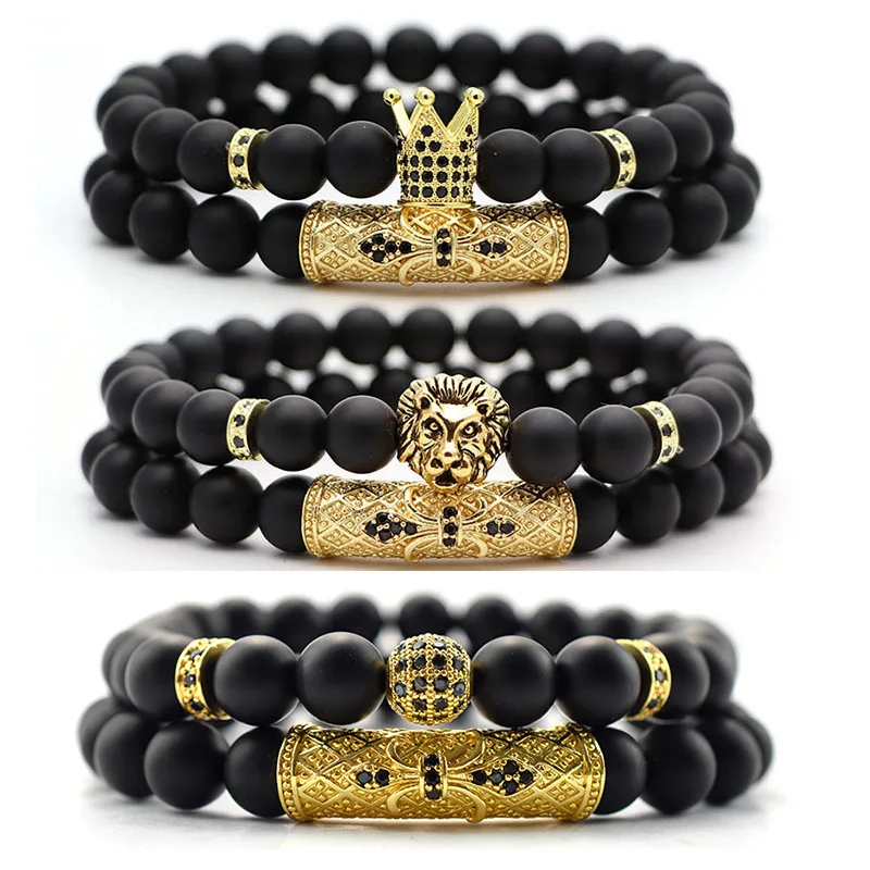 

Fashion CZ Crown King Charm Lion Leopard Head Natural Black Matte Onyx Stone Bangle 8mm Men Lava Rock Stone Bead Bracelet Set