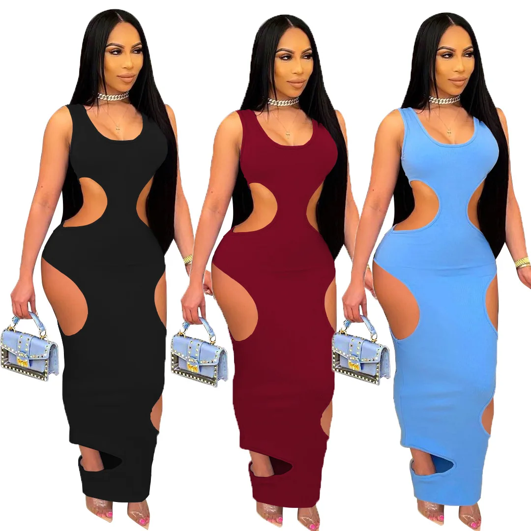 

2021 Girl Birthday Dresses Bodycon Plus Size Dresses Solid Sexy Hole Dress Women Clothing Vestido Largo Mujer