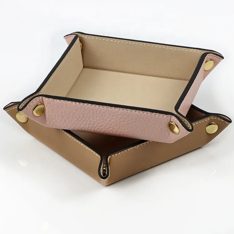 

Fast Delivery In Stock Foldable Desktop Storage Recycled Leather Tray Small Brown And Pink PU Leather Valet Tray Organizer, Brown, pink or customized colors