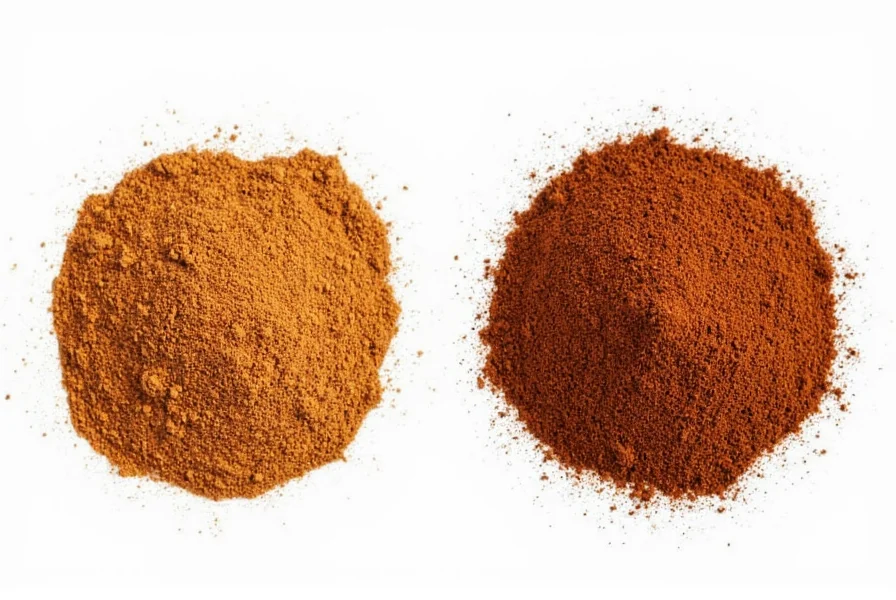 Side-by-side comparison of ground Ceylon cinnamon versus ground Cassia cinnamon showing the lighter color of Ceylon and darker hue of Cassia