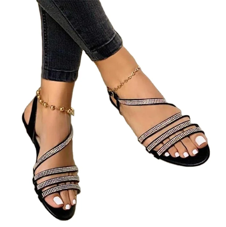 

Summer new comfortable flat rhinestone buckle casual sandals, Silver, gold