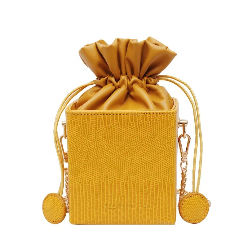 

Elegant PU Leather Square Drawstring Bucket Women Handbag Ladies Shoulder Bag Chains Crossbody Bag Small Purse For Girls, Pink, black, khaki, yellow