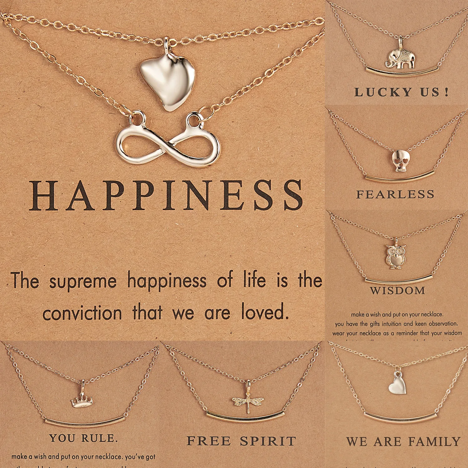 

Fashion Dainty Girl Party Gold Double Layer Chain Heart Elephant Crown Wish Card Pendant Necklace Women Jewelry