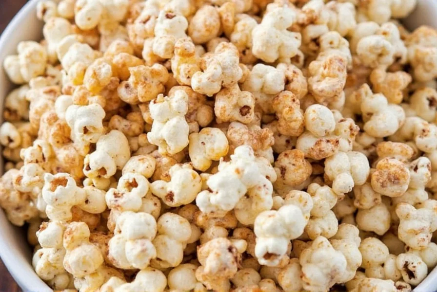 Variety of cinnamon popcorn variations displayed on wooden table with cinnamon sticks and sugar