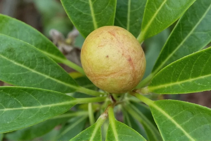 Mature nutmeg tree with yellow flowers and fruit in tropical setting showing the distinctive peach-like fruit that contains nutmeg and mace